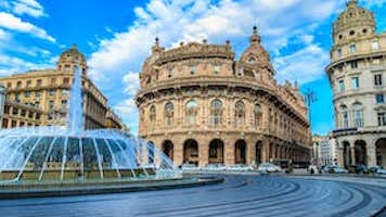 A sunlit view of the elegant and historical Piazza De Ferrari fountain in Genoa, serving as a picturesque backdrop during the MYBA Charter Show 2024.